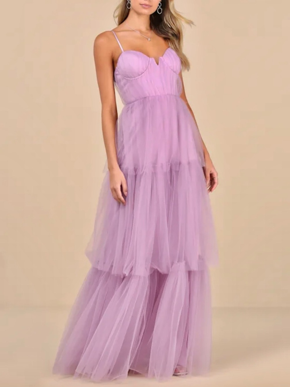 Lulus Unforgettable Poise Lilac Tulle Bustier Tiered Maxi Dress Size Small